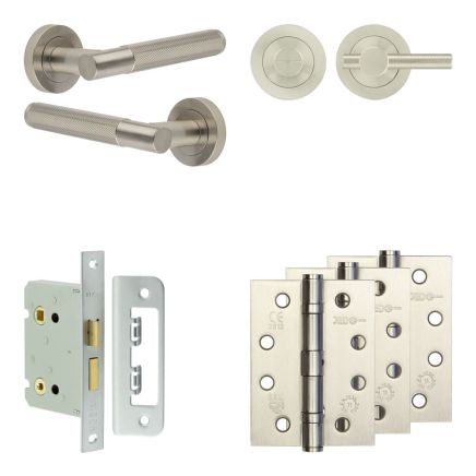 Complete Bari Door Handle Pack - Bathroom Lock (Knurled Thumb Turn) - Satin Nickel - 76mm / 4-inch Hinges - JE-D6A1-SN