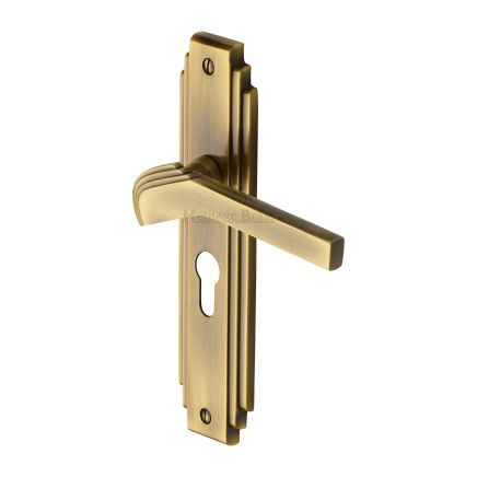 Heritage Brass Door Handle Euro Profile Plate Tiffany Design Antique Brass Finish