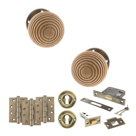 Old English Bridlington Door Knob Pack (Lock Set - 3" Latch & Deadlock, 4" Fire Rated Hinges x3) - Antique Brass