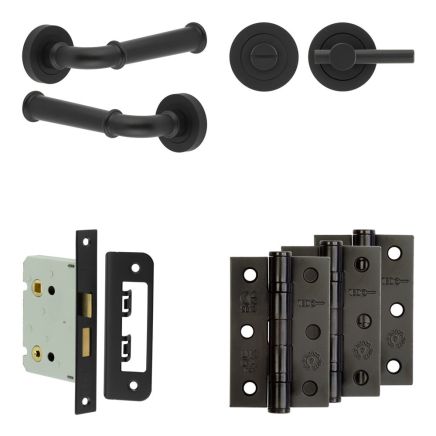 Complete Classic Door Handle Pack - Bathroom Lock (Plain Thumb Turn) - Matt Black - 76mm / 3-inch Hinges - JE-A6B2-MB