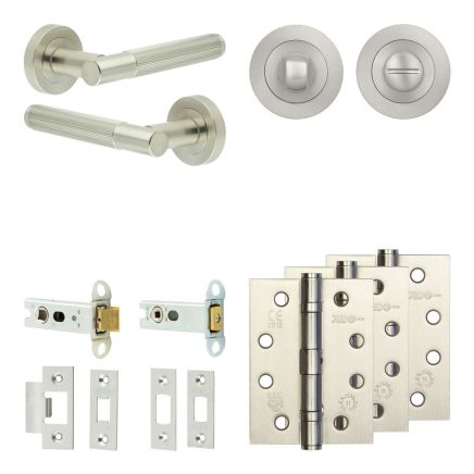 Complete Venice Door Handle Pack - Heavy Duty Tubular Bathroom (Standard Thumb Turn) - Satin Nickel - 76mm / 4-inch Hinges - JE-F31A3-SN