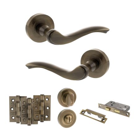 Old English Warwick Door Handle Pack (Bathroom Set - 2.5" CE Bathroom Lock, 3" Fire Rated Hinges x3) - Antique Brass