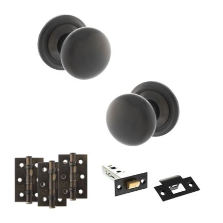 Old English Harrogate Door Knob Pack (Latch Set - 4" HD Latch, 3" Fire Rated Hinges x3) - Urban Dark Bronze
