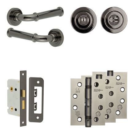 Complete Classic Door Handle Pack - Bathroom Lock (Standard Thumb Turn) - Black Nickel - 65mm / 4-inch Hinges - JE-A5A3-BN