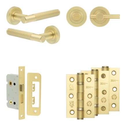 Complete Venice Door Handle Pack - Bathroom Lock (Plain Thumb Turn) - Satin Brass - 65mm / 3-inch Hinges - JE-F5B2-SB