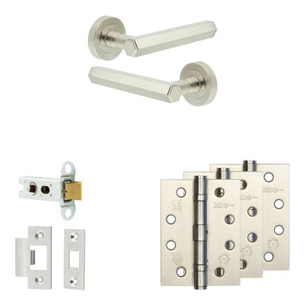 Complete Hex Door Handle Pack - Heavy Duty Latch - Satin Nickel - 64mm / 4-inch Hinges - JE-C20A-SN