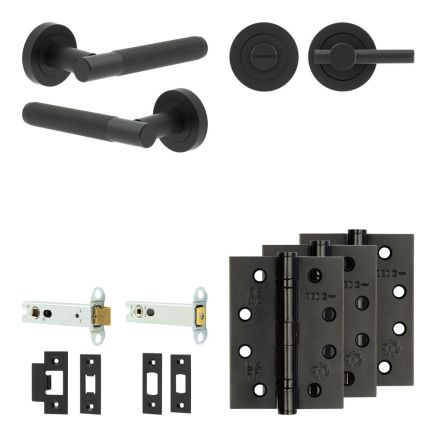 Complete Venice Door Handle Pack - Heavy Duty Tubular Bathroom (Plain Thumb Turn) - Matt Black - 102mm / 4-inch Hinges - JE-F32A2-MB