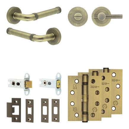 Complete Midtown Door Handle Pack - Heavy Duty Tubular Bathroom (Knurled Thumb Turn) - Antique Brass - 64mm / 4-inch Hinges - JE-G30A1-AB