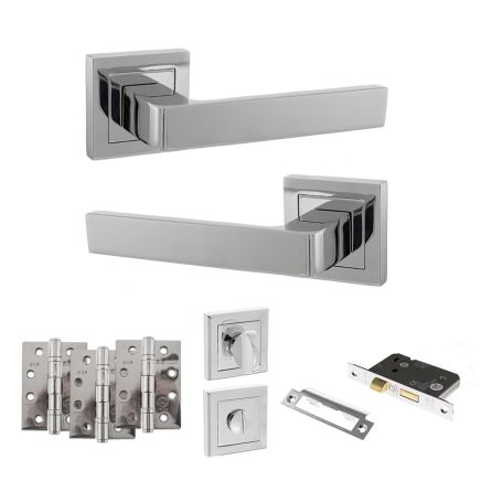 STATUS Montana Door Handle Pack (Bathroom Set - 2.5" CE Bathroom Lock, 4" Fire Rated Hinges x3) - Polished Chrome