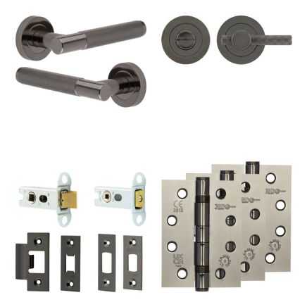 Complete Bari Door Handle Pack - Heavy Duty Tubular Bathroom (Knurled Thumb Turn) - Black Nickel - 64mm / 4-inch Hinges - JE-D30A1-BN