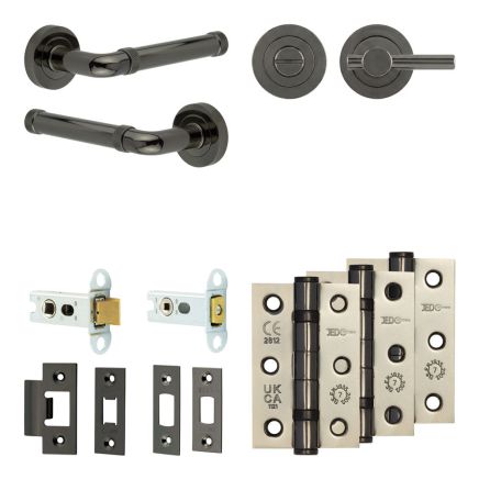 Complete Midtown Door Handle Pack - Heavy Duty Tubular Bathroom (Plain Thumb Turn) - Black Nickel - 64mm / 3-inch Hinges - JE-G30B2-BN