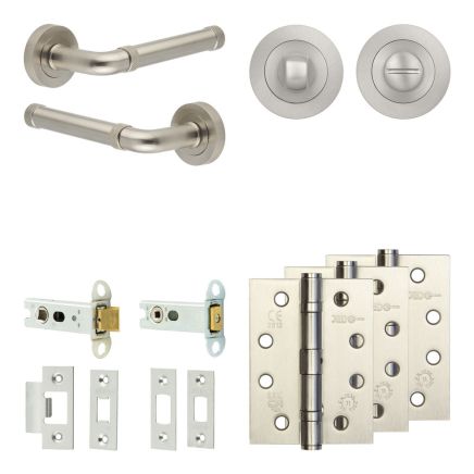 Complete Midtown Door Handle Pack - Heavy Duty Tubular Bathroom (Standard Thumb Turn) - Satin Nickel - 76mm / 4-inch Hinges - JE-G31A3-SN