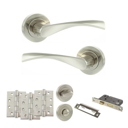 Eco Aqua Door Handle Pack (Bathroom Set - 2.5" CE Bathroom Lock, 4" Fire Rated Hinges x3) - Satin Nickel/Nickel Plate