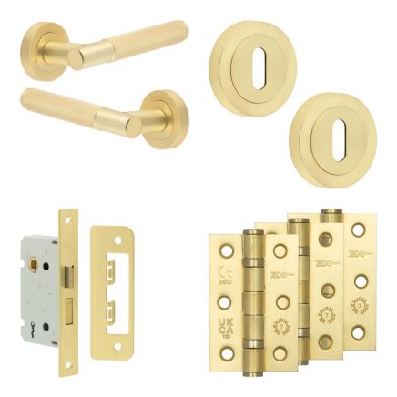 Complete Bari Door Handle Pack - Sashlock - Satin Brass - 65mm / 3-inch Hinges - JE-D7B8-SB