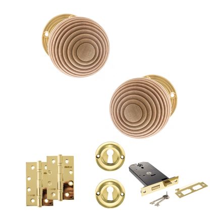 Old English Bridlington Door Knob Pack (Lock Set - Horizontal Sashlock, 4" Slim Knuckle Hinges x2) - Polished Brass
