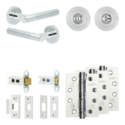 Complete Venice Door Handle Pack - Heavy Duty Tubular Bathroom (Standard Thumb Turn) - Polished Chrome - 64mm / 4-inch Hinges - JE-F30A3-PC