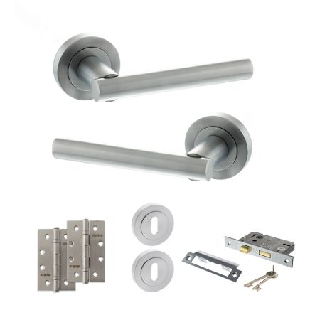 STATUS Nebraska Door Handle Pack (3 Lever Lock Set - 2.5" CE Sashlock, 4" Slim Knuckle Hinges x2) - Satin Chrome