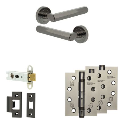 Complete Hex Door Handle Pack - Heavy Duty Latch - Black Nickel - 76mm / 4-inch Hinges - JE-C21A-BN