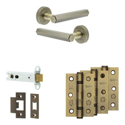 Complete Hex Door Handle Pack - Heavy Duty Latch - Antique Brass - 102mm / 3-inch Hinges - JE-C22B-AB