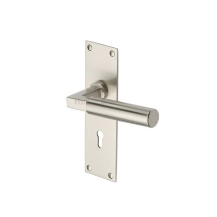 Heritage Brass Door Handle Lever Lock Bauhaus Design Satin Nickel finish