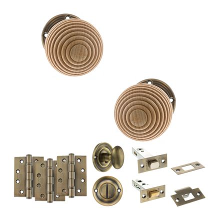 Old English Bridlington Door Knob Pack (Bathroom Set - 3" Deadbolt, 4" Fire Rated Hinges x3) - Antique Brass
