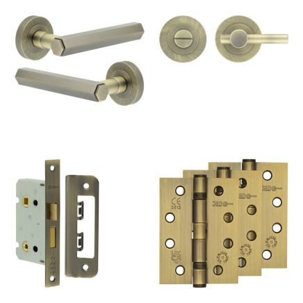 Complete Hex Door Handle Pack - Bathroom - Antique Brass - By Frelan Hardware - JE-C5A2-AB