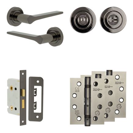 Complete Gio Door Handle Pack - Bathroom Lock (Standard Thumb Turn) - Black Nickel - 65mm / 4-inch Hinges - JE-E5A3-BN