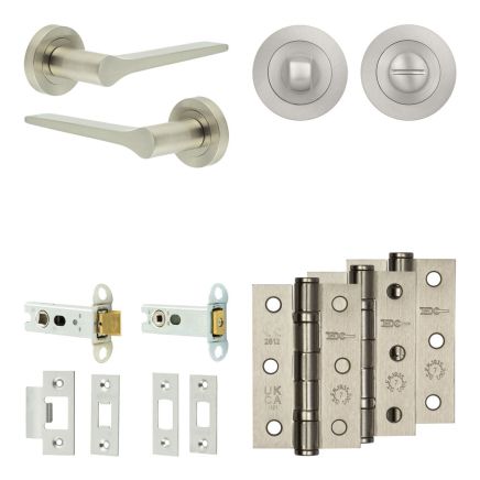 Complete Gio Door Handle Pack - Heavy Duty Tubular Bathroom (Standard Thumb Turn) - Satin Nickel - 76mm / 3-inch Hinges - JE-E31B3-SN