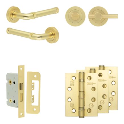 Complete Midtown Door Handle Pack - Bathroom Lock (Plain Thumb Turn) - Satin Brass - 65mm / 4-inch Hinges - JE-G5A2-SB