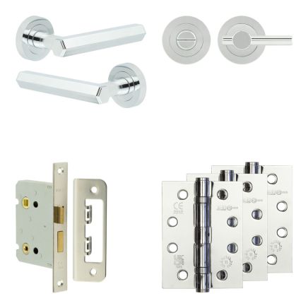 Complete Hex Door Handle Pack - Bathroom Lock (Plain Thumb Turn) - Polished Chrome - 76mm / 4-inch Hinges - JE-C6A2-PC