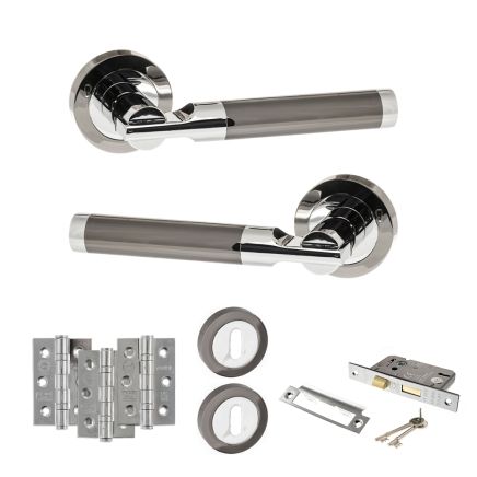 STATUS Dakota Door Handle Pack (3 Lever Lock Set - 2.5" CE Sashlock, 3" Fire Rated Hinges x3) - Black Nickel/Polished Chrome