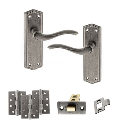 Old English Warwick Door Handle Pack (Latch Set - 2.5" CE Latch, 4" Fire Rated Hinges x3) - Distressed Silver