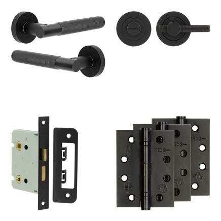 Complete Bari Door Handle Pack - Bathroom Lock (Knurled Thumb Turn) - Matt Black - 76mm / 4-inch Hinges - JE-D6A1-MB