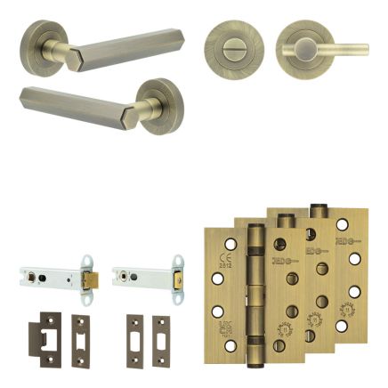 Complete Hex Door Handle Pack - Heavy Duty Tubular Bathroom (Plain Thumb Turn) - Antique Brass - 102mm / 4-inch Hinges - JE-C32A2-AB