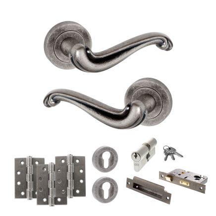 Old English Colchester Door Handle Pack (Euro Lock Set - 2.5" CE Sashlock, 4" Fire Rated Hinges x3) - Distressed Silver