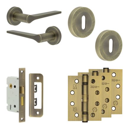 Complete Gio Door Handle Pack - Sashlock - Antique Brass - 65mm / 4-inch Hinges - JE-E7A8-AB