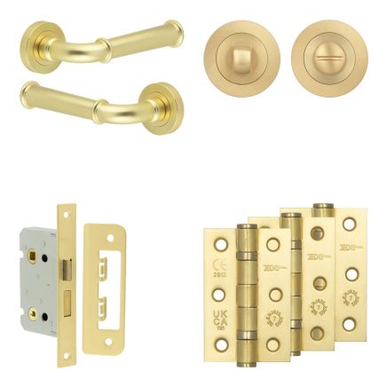 Complete Classic Door Handle Pack - Bathroom Lock (Standard Thumb Turn) - Satin Brass - 65mm / 3-inch Hinges - JE-A5B3-SB