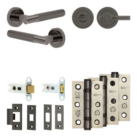 Complete Bari Door Handle Pack - Heavy Duty Tubular Bathroom (Knurled Thumb Turn) - Black Nickel - 64mm / 3-inch Hinges - JE-D30B1-BN