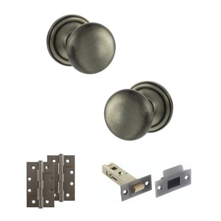 Old English Harrogate Door Knob Pack (Latch Set - 3" HD Latch, 4" Slim Knuckle Hinges x2) - Matt Gun Metal