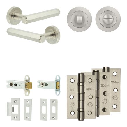 Complete Hex Door Handle Pack - Heavy Duty Tubular Bathroom (Standard Thumb Turn) - Satin Nickel - 76mm / 3-inch Hinges - JE-C31B3-SN