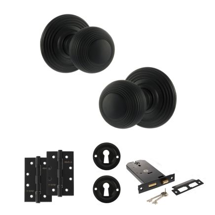 Old English Ripon Door Knob Pack (Lock Set - Horizontal Sashlock, 4" Slim Knuckle Hinges x2) - Matt Black