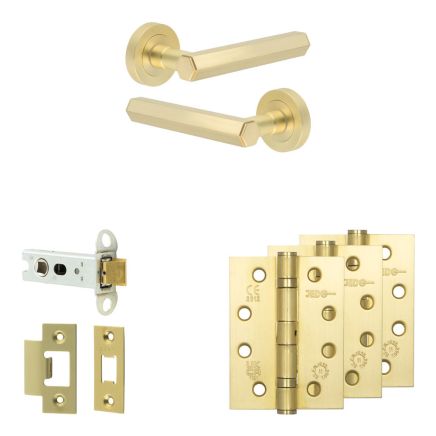 Complete Hex Door Handle Pack - Heavy Duty Latch - Satin Brass - 76mm / 4-inch Hinges - JE-C21A-SB