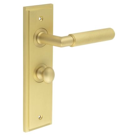 Piccadilly Door Handle Bathroom Backplate Satin Brass & Turn & Release - By Frelan Hardware - BUR-40SB-453SB-80SB