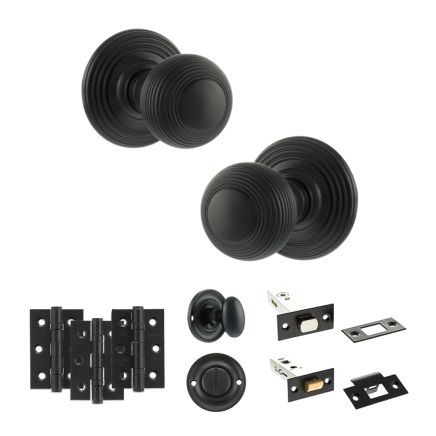 Old English Ripon Door Knob Pack (Bathroom Set - 3" Deadbolt, 3" Fire Rated Hinges x3) - Matt Black