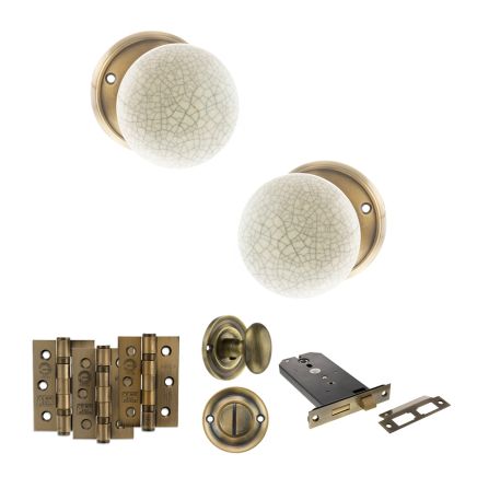 Old English Skipton Door Knob Pack (Lock Set - Horizontal Bathlock, 3" Fire Rated Hinges x3) - Antique Brass