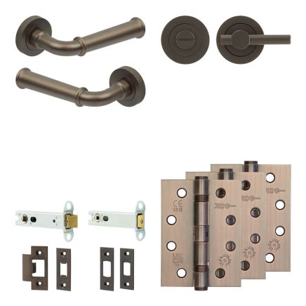Complete Classic Door Handle Pack - Heavy Duty Tubular Bathroom (Plain Thumb Turn) - Dark Bronze - 102mm / 4-inch Hinges - JE-A32A2-DB