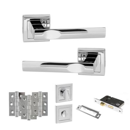 STATUS Kansas Door Handle Pack (Bathroom Set - 2.5" CE Bathroom Lock, 3" Fire Rated Hinges x3) - Polished Chrome