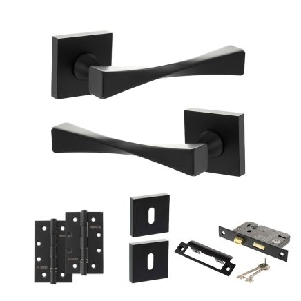 Senza Pari Guido Door Handle Pack (3 Lever Lock Set - 3" CE Sashlock, 4" Slim Knuckle Hinges x2) - Matt Black