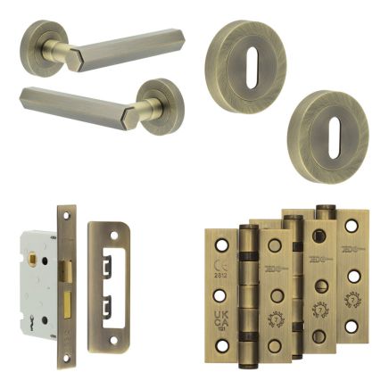 Complete Hex Door Handle Pack - Sashlock - Antique Brass - 65mm / 3-inch Hinges - JE-C7B8-AB