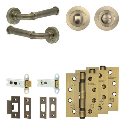 Complete Classic Door Handle Pack - Heavy Duty Tubular Bathroom (Standard Thumb Turn) - Antique Brass - 76mm / 4-inch Hinges - JE-A31A3-AB